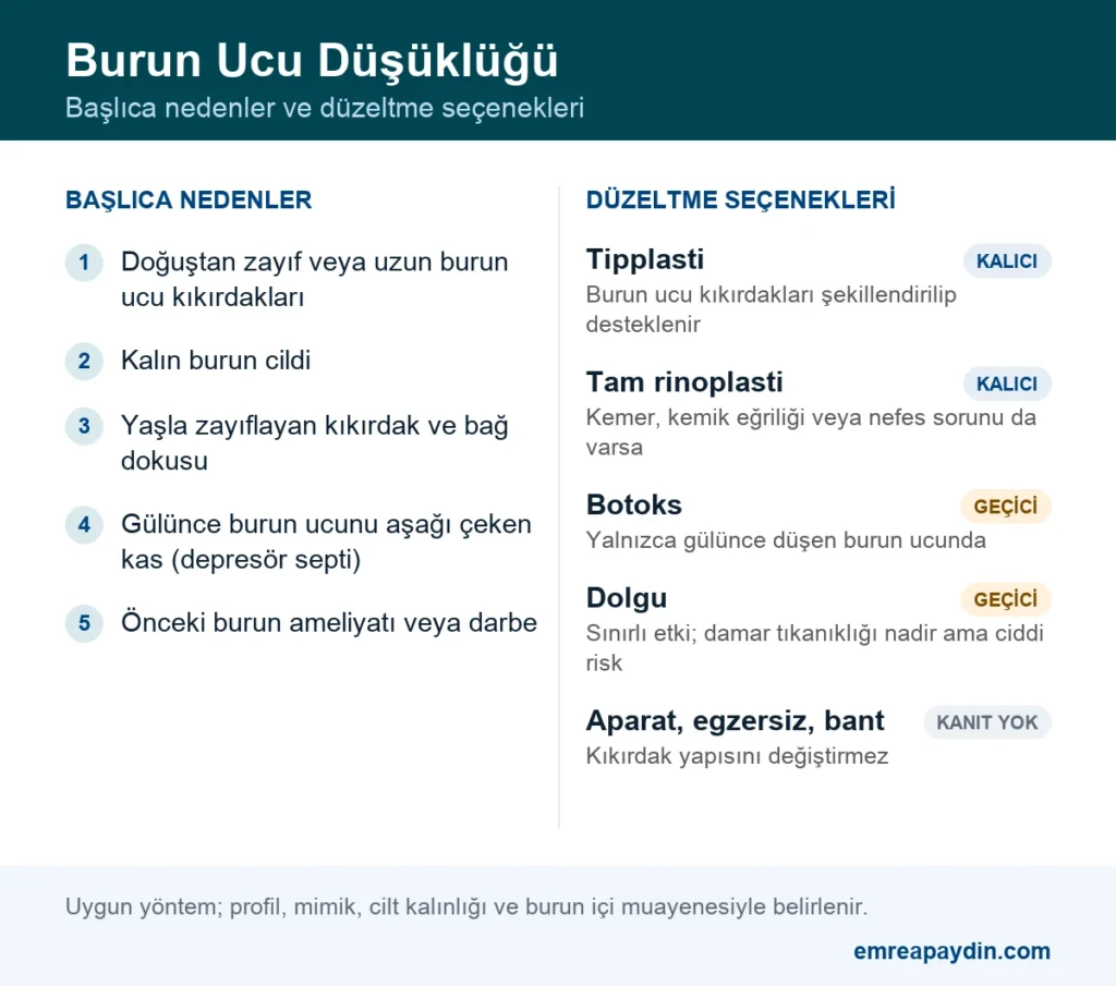 Burun Ucu Düşüklüğü: Nedenleri, Belirtileri ve Tipplasti ile Tedavisi 2 Burun ucu düşüklüğünün başlıca nedenleri ve tipplasti, botoks, dolgu gibi düzeltme seçenekleri infografiği